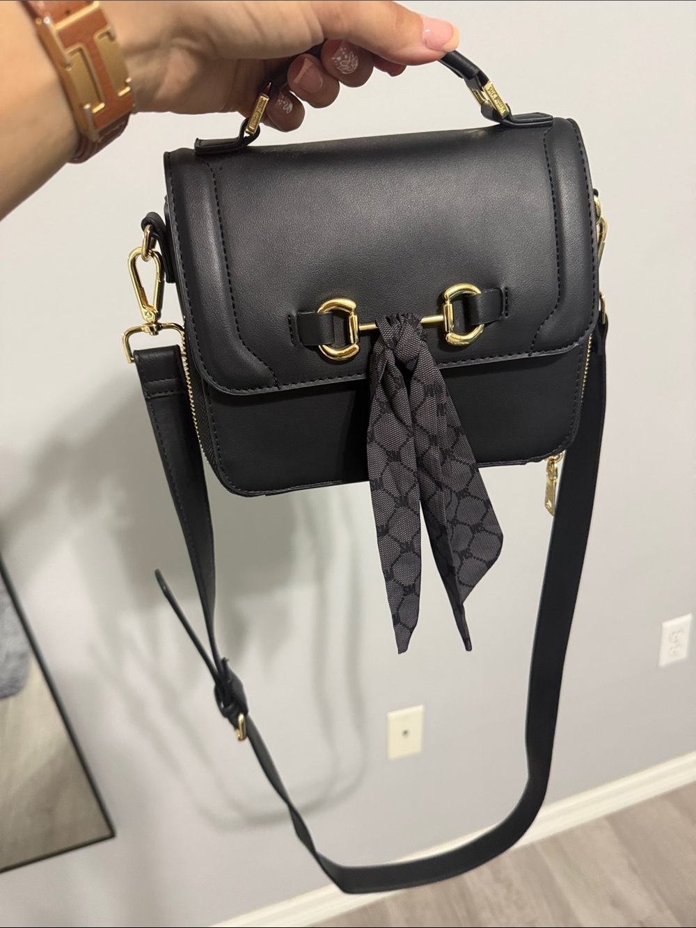 Steve Madden Black Crossbody Bag with Gold Hardware and Scarf Detail